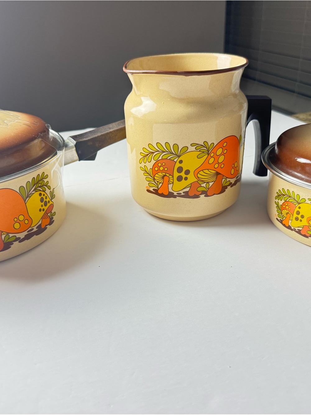 Vintage Cream and Orange Mushroom Ceramic Pitcher - Home Art